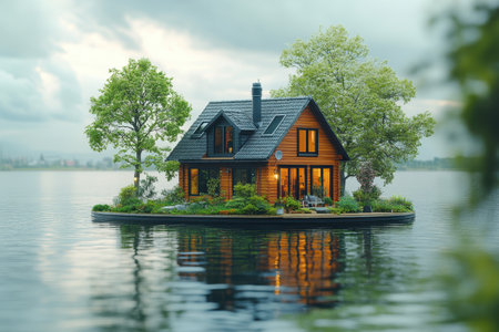 A quaint wooden house sits peacefully on an island, embraced by trees and water, at dawn's gentle light.の写真素材