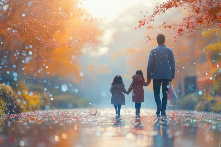 A father and his daughters stroll hand-in-hand through a colorful autumn landscape during sunset.の写真素材