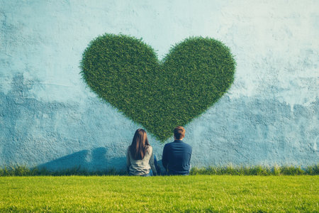 A couple enjoys a quiet moment sitting together on the grass, admiring a heart-shaped bush.の写真素材