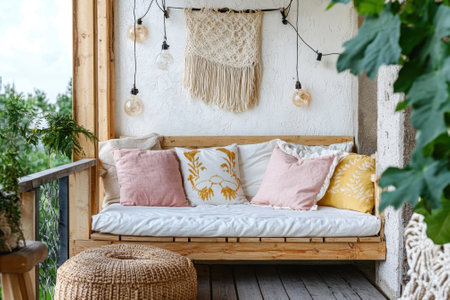 Relaxing balcony features a wooden bench with pillows, macrame wall hanging, and warm string lights overhead.の写真素材