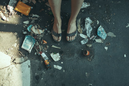 Barefoot individual stands on a littered street, surrounded by scattered trash and debris in the sunlight.の写真素材