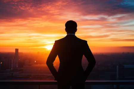 A businessman stands with hands on hips, gazing at a vibrant sunset illuminating the urban landscape.の写真素材