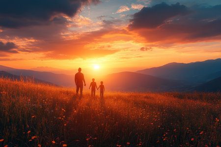 A father and child stroll together on a grassy hill as the sun sets behind the mountains.の写真素材