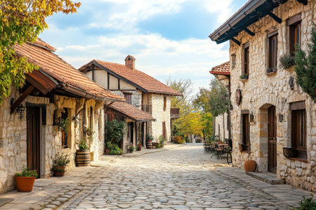 A picturesque cobblestone street showcases stone buildings and vibrant foliage under a blue sky.の写真素材