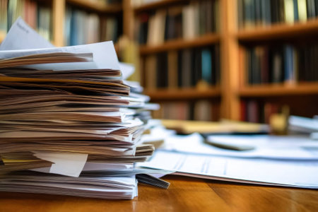 Papers are piled high on a desk, surrounded by shelves filled with books, creating a serene workspace atmosphere.の写真素材