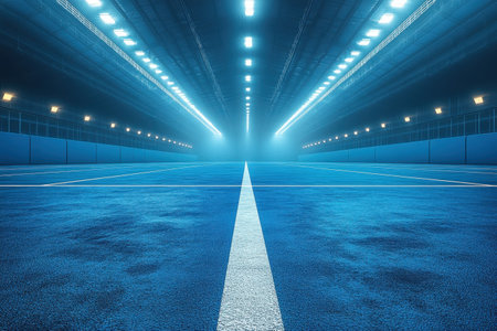 An indoor tennis court features a vibrant blue surface and bright lights illuminating the space.の写真素材