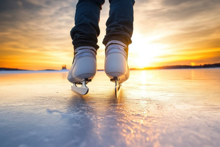 A figure skater glides gracefully on an icy surface during a vibrant sunset, showing serene beauty.の写真素材