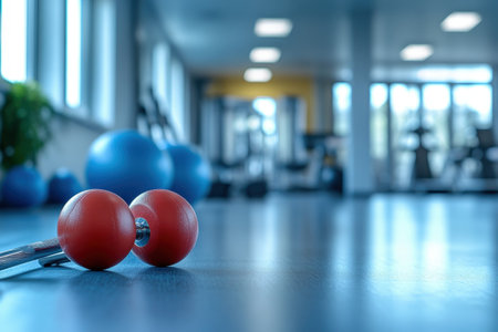 Red dumbbells rest on the gym floor, highlighting a well-equipped training area filled with fitness equipment.の写真素材