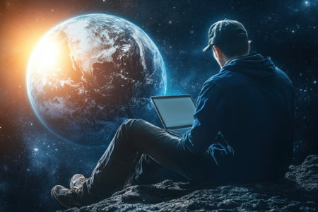 A person sits on a rocky surface in space, working on a laptop with Earth illuminated in the background.の写真素材