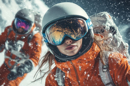 Two astronauts navigate a snowy terrain, wearing helmets and bright orange suits, under a vivid, snowy environment.の写真素材