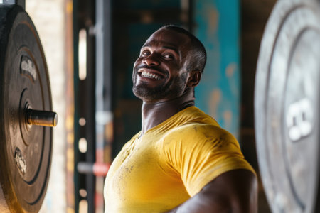 A man in a yellow shirt lifts weights at a gym, showing determination and enjoyment during his workout.の写真素材
