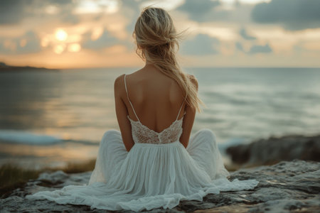 A woman sits on a rocky shore, looking out over the tranquil sea as the sun sets beyond the horizon.の写真素材