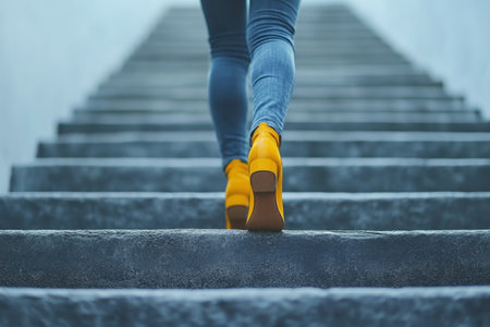 Someone confidently walks up concrete stairs in vibrant yellow footwear, creating a dynamic image.の写真素材