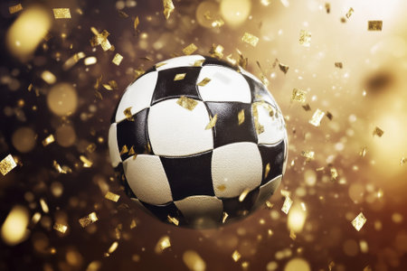 A soccer ball spins in the air amidst a shower of golden confetti, marking a festive occasion of victory.の写真素材
