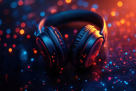 Headphones rest on a surface illuminated by colorful lights in a nightlife atmosphere.の写真素材