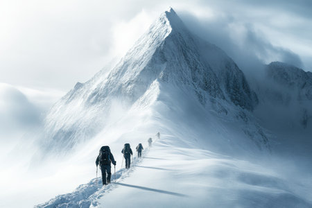 A group of mountaineers ascend a snowy trail, battling strong winds and low visibility in the early morning.の写真素材