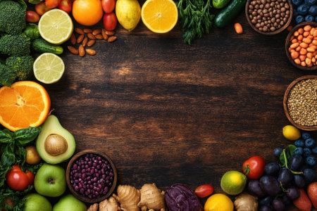 A vibrant assortment of fruits and vegetables is neatly arranged on a wooden surface, showing fresh produce.の写真素材