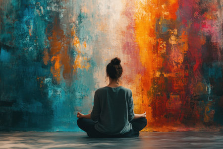 A woman sits cross-legged, meditating peacefully in front of a vibrant, abstract mural.の写真素材