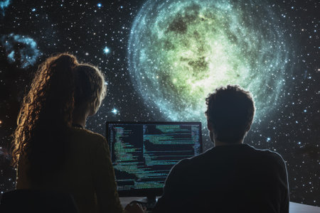 Two people engage in coding while looking at a stunning cosmic backdrop filled with stars and a large planet.の写真素材