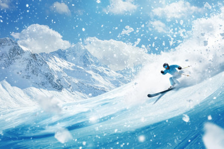 A skier maneuvers expertly down a snowy slope surrounded by majestic mountains under a bright blue sky.の写真素材