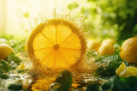 A vibrant lemon slice splashes into water, with fresh mint leaves nearby on a bright, sunny backdrop.の写真素材