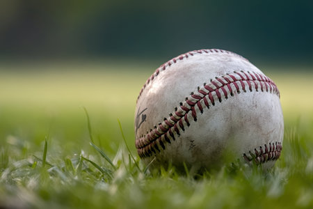 A worn baseball lies on vibrant grass, illuminated by afternoon sunlight in a tranquil park setting.の写真素材