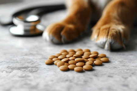 A dog's paws are next to a pile of medication and a stethoscope on a smooth surface.の写真素材