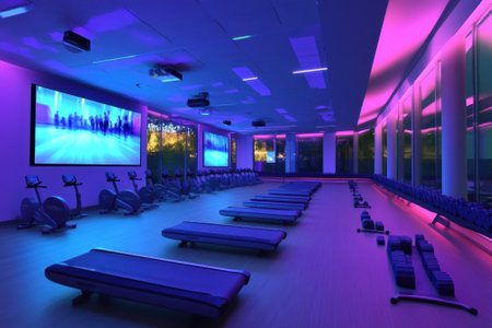Brightly lit fitness studio features workout mats, exercise equipment, and dynamic lighting for group sessions.の写真素材