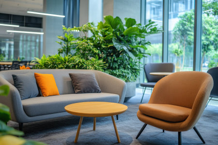 A cozy lounge space with gray and orange furniture surrounded by lush indoor plants in a contemporary building.の写真素材