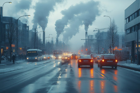 Snow covers the road as vehicles move through a busy city street filled with industrial smoke.の写真素材