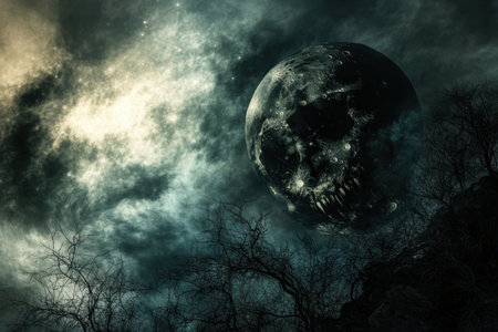 A moon resembling a skull hangs ominously in a dark sky, surrounded by wispy clouds and bare tree branches.の写真素材
