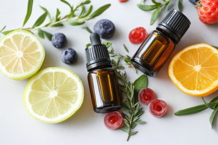 Brightly colored citrus fruits and berries surround two glass bottles of essential oils, promoting wellness.の写真素材