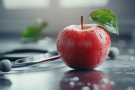 A bright red apple sits near a stethoscope, droplets of water glistening on its surface in a medical environment.の写真素材