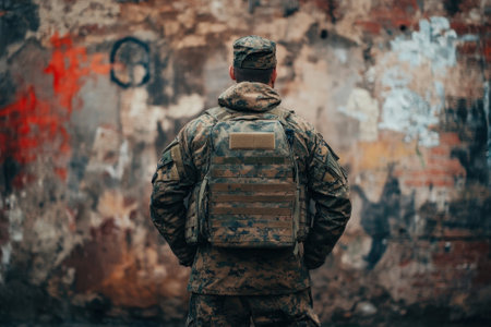 A soldier in camouflage uniform gazes at a weathered wall covered with vibrant graffiti, reflecting on duty.の写真素材