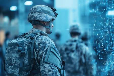A soldier in camouflage uniform analyzes holographic data in a modern military training facility.の写真素材