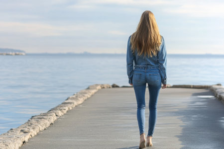 A woman strolls down a stone jetty, enjoying the calm water and bright sky on a sunny day.の写真素材