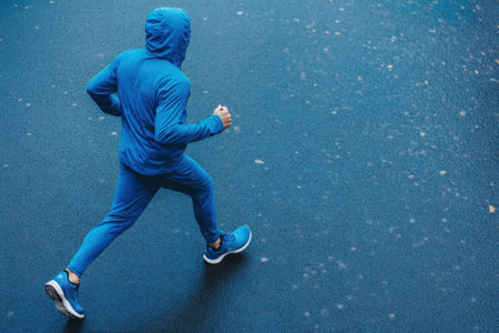 A person dressed in blue workout gear runs along a wet pavement during a rain shower in a city.の写真素材
