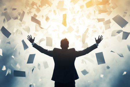 A businessperson stands with arms raised in triumph as papers fly around, symbolizing achievement and excitement.の写真素材