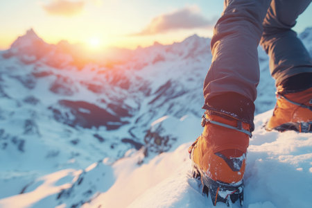 A climber stands on a snowy summit watching the sun set over majestic mountain ranges.の写真素材