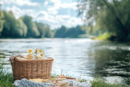 A picnic basket filled with snacks and flower rests next to a calm river under bright skies.の写真素材
