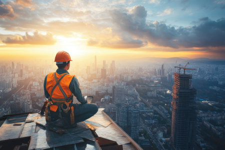 A construction worker sits on a skyscraper's edge, taking in a stunning sunset over the city skyline.の写真素材