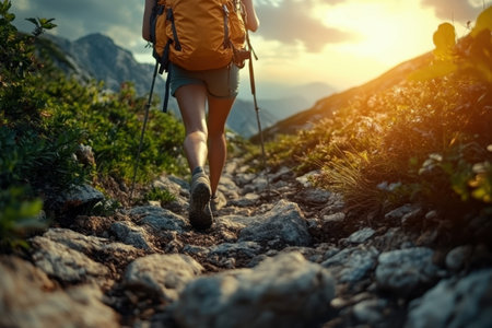 A person ascends a rugged trail in the mountains as the sun sets, casting a golden glow on the landscape.の写真素材