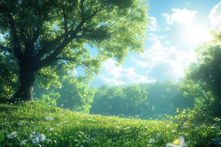 A peaceful forest setting with vibrant greenery and sunlight shining through the trees.の写真素材