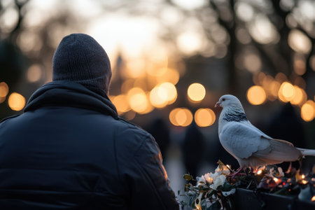 A person in warm clothing sits quietly as a pigeon perched nearby, enjoying the tranquil park atmosphere at dusk.の写真素材