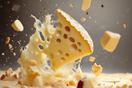 A block of cheese bursts apart, scattering pieces in a dynamic display of texture and flavor.の写真素材