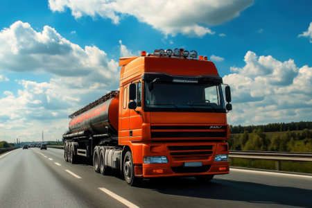 Heavy-duty orange truck transporting fuel travels along a highway surrounded by green fields and blue sky.の写真素材