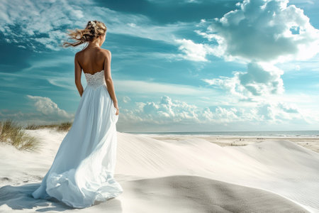 A bride stands gracefully on white sand dunes, gazing at the ocean under a vivid sky filled with clouds.の写真素材
