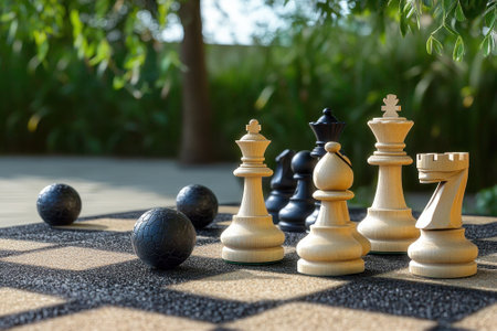 Two players engage in a chess match outdoors, focusing on large wooden pieces while black balls rest nearby.の写真素材