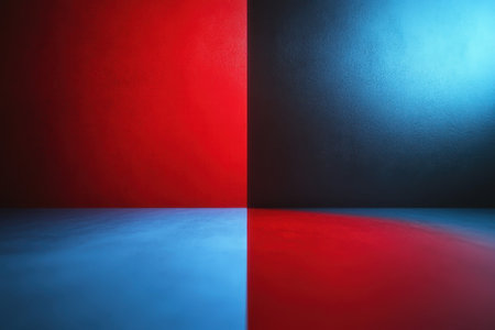 A unique display of vibrant red and blue colors meeting at a central division creates an eye-catching effect.の写真素材