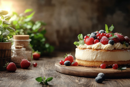 A cheesecake layered with fresh strawberries and blueberries leftovers on a wooden table with mint nearby.の写真素材